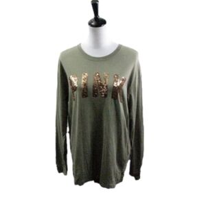 PINK Victoria's Secret Moss Green/Gold Sequin Logo Long Sleeve Top Size Medium